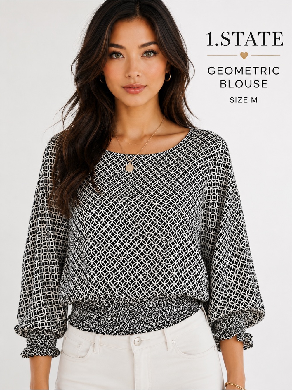 🖤 Black & White Geometric Smocked Balloon Sleeve Blouse Size M